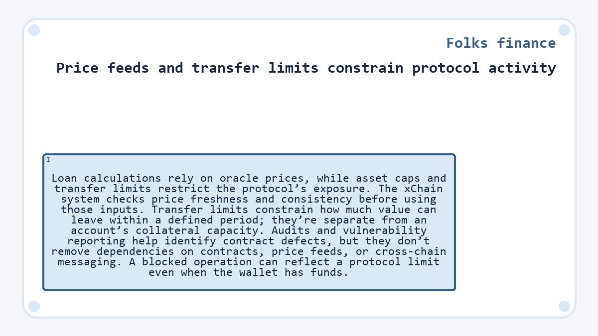 Price feeds and transfer limits constrain protocol activity: Loan calculations rely on oracle prices, while asset caps and transfer limits restrict the protocol’s exposure. The xChain system checks price freshness and consistency before using those inputs. Transfer limits constrain how much value can leave within a defined period; they’re separate from an account’s collateral capacity. Audits and vulnerability reporting help identify contract defects, but they don’t remove dependencies on contracts, price feeds, or cross-chain messaging. A blocked operation can reflect a protocol limit even when the wallet has funds.