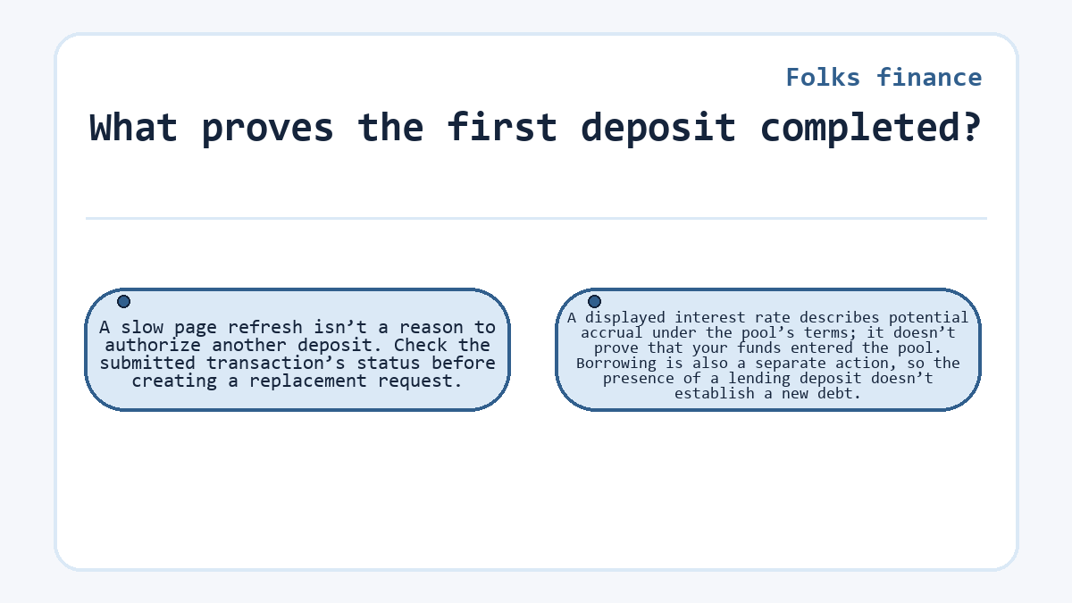 What proves the first deposit completed?: A slow page refresh isn’t a reason to authorize another deposit. Check the submitted transaction’s status before creating a replacement request.; A displayed interest rate describes potential accrual under the pool’s terms; it doesn’t prove that your funds entered the pool. Borrowing is also a separate action, so the presence of a lending deposit doesn’t establish a new debt.